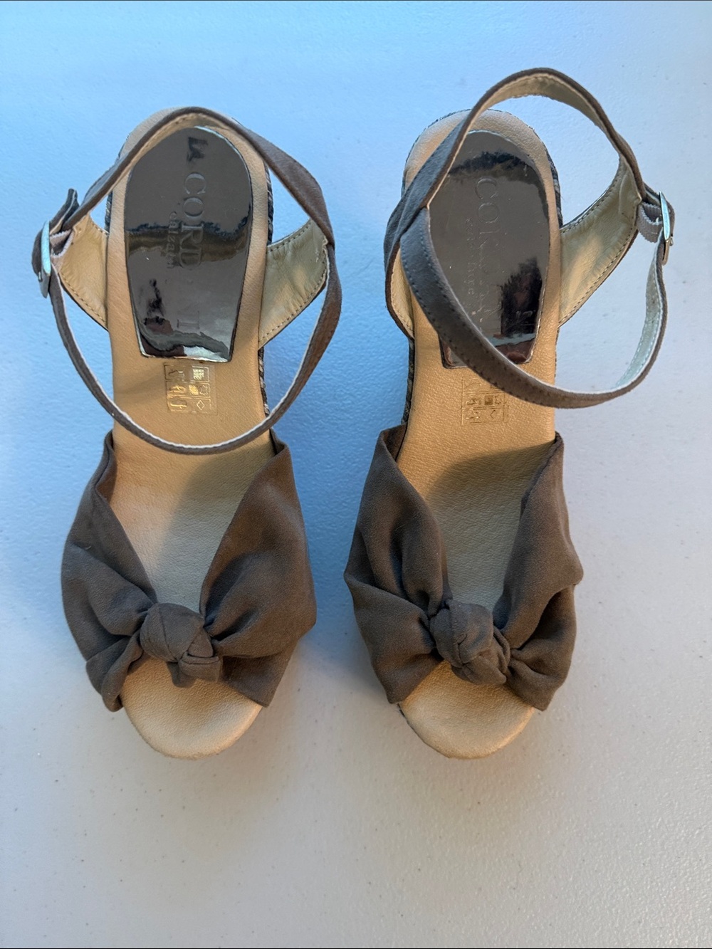 Cordani Grey Taupe Knot-Front Wedge Sandals with Ankle Strap